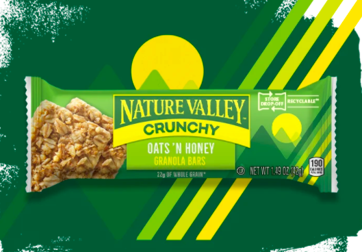 The recyclable Nature Valley wrappers have a logo making it clear these can be taken to a nearby location for disposal